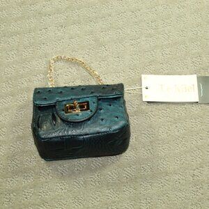 NWT Le Miel Navy Blue Faux Ostrich Long Gold Chain Mini Purse 5"x3.5"x2"